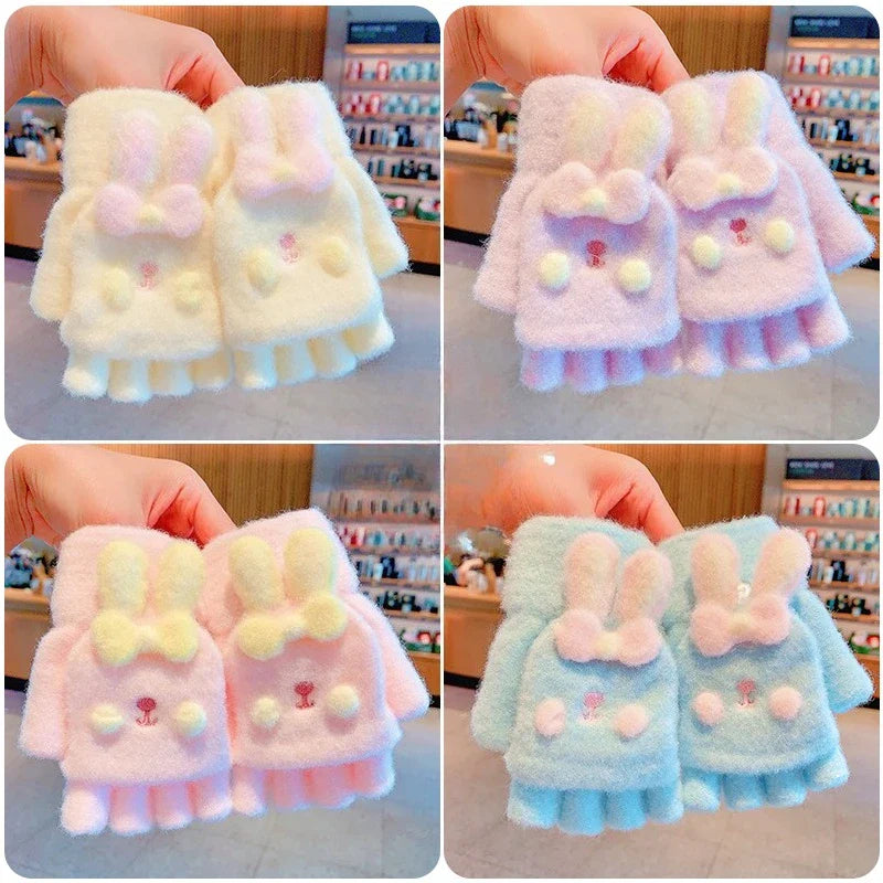 Winter Plush Knitted Cartoon Rabbit Flexible Flip-top Gloves Thicken Warm Cute Gloves For Baby Girls Half Finger Children Gloves