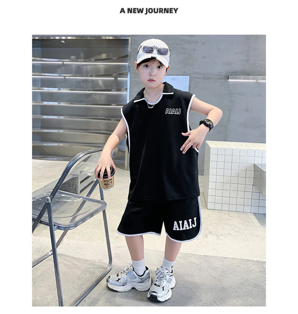 Boys Clothing Set American Style Children Vintage Vest Casual Sport Loose Pullover Sleeveless T-shirt Top Shorts Two-piece Set