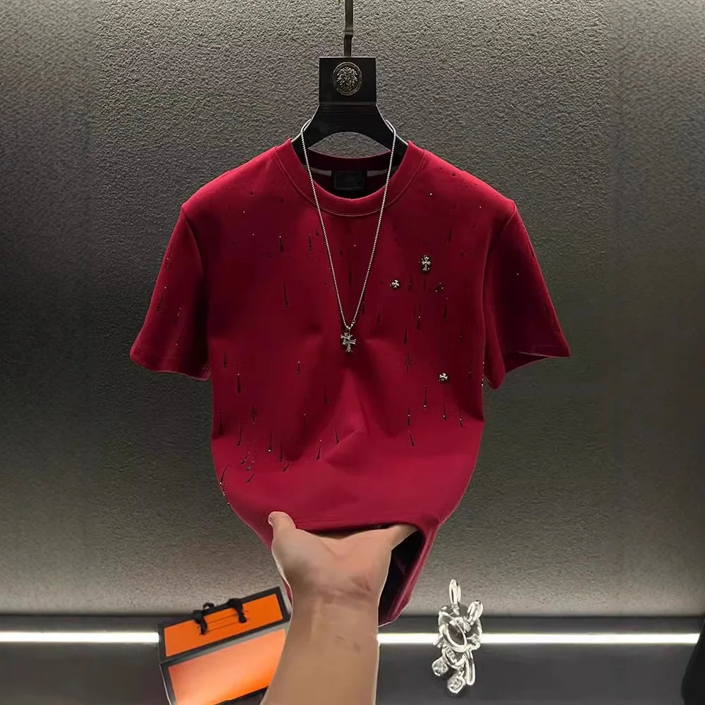 Spring New Heavy Work Light Luxury Custom Short Sleeve T-shirt Top Meteor Full Diamond T-shirt Round Neck Short Sleeve    (Available)