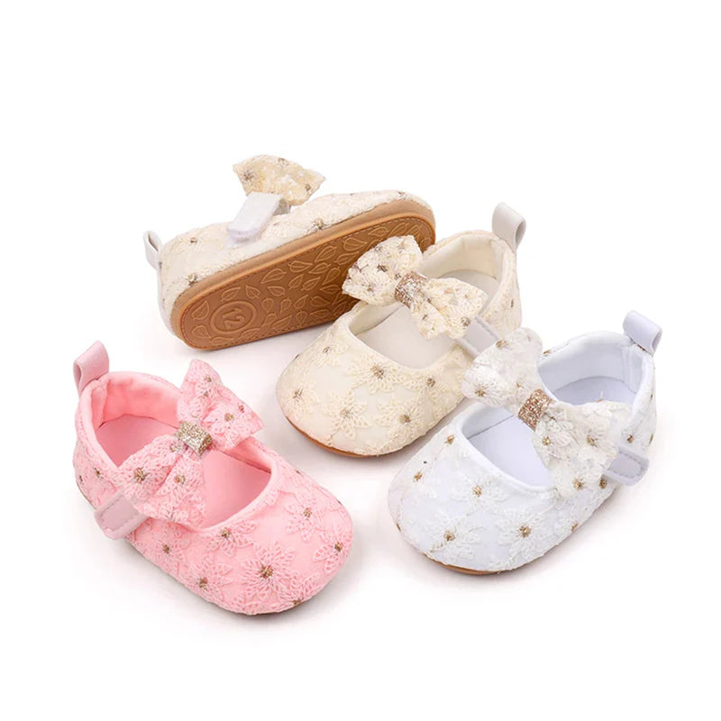 Newborn Baby Girls Mary Jane Flats Cute Bowknot Wedding Dress Shoes Non-Slip First Walkers Embroidery Flower Soft Shoes