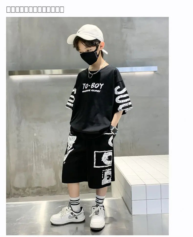 Boys Summer Trendy Casual Sports 2pcs T-shirts+Pants Suits 3-14 Years Teenage Boys Hip Hop Style Fashion Outfits Clothes Sets (Available)