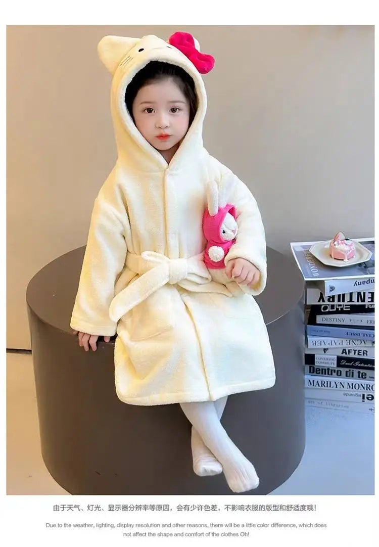 Sanrio Hello Kitty Children Bath Robe Pajamas Terry Cloth Girls Babies Toddlers Spring Winter Home Wear Hooded Cozy Sleepwear