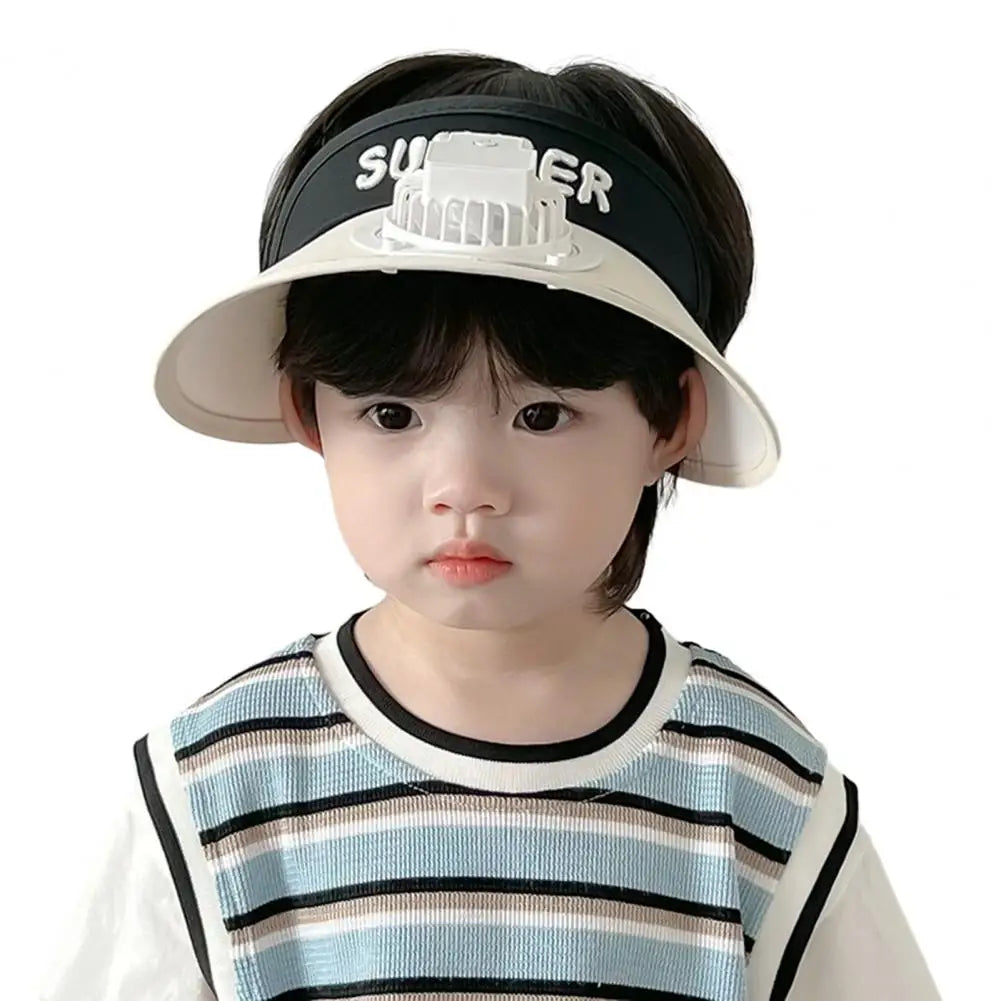 Summer Children Sun Hat with Mini Cooling Fan Empty Top Wide Brim Visor Hat Hiking Travel Sunscreen Hat Girls Boys Outdoor Sun P