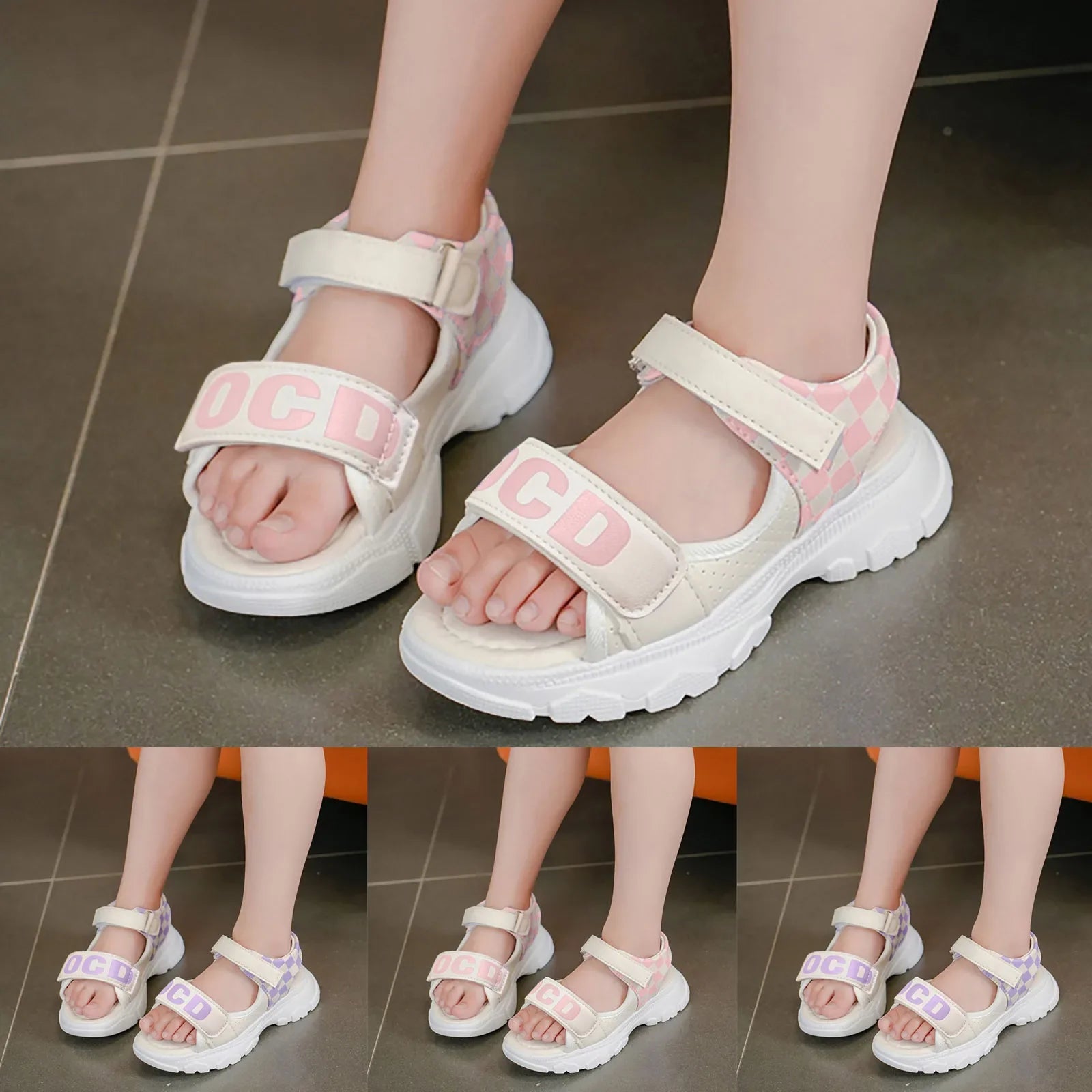 Children's Platform Velcro Sandals Checkerboard Toddler Chunky Heel Platform Sandals Open Toe Outdoor Casual Beach Shoes