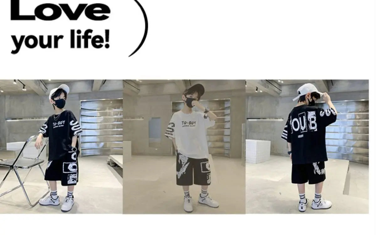 Boys Summer Trendy Casual Sports 2pcs T-shirts+Pants Suits 3-14 Years Teenage Boys Hip Hop Style Fashion Outfits Clothes Sets (Available)
