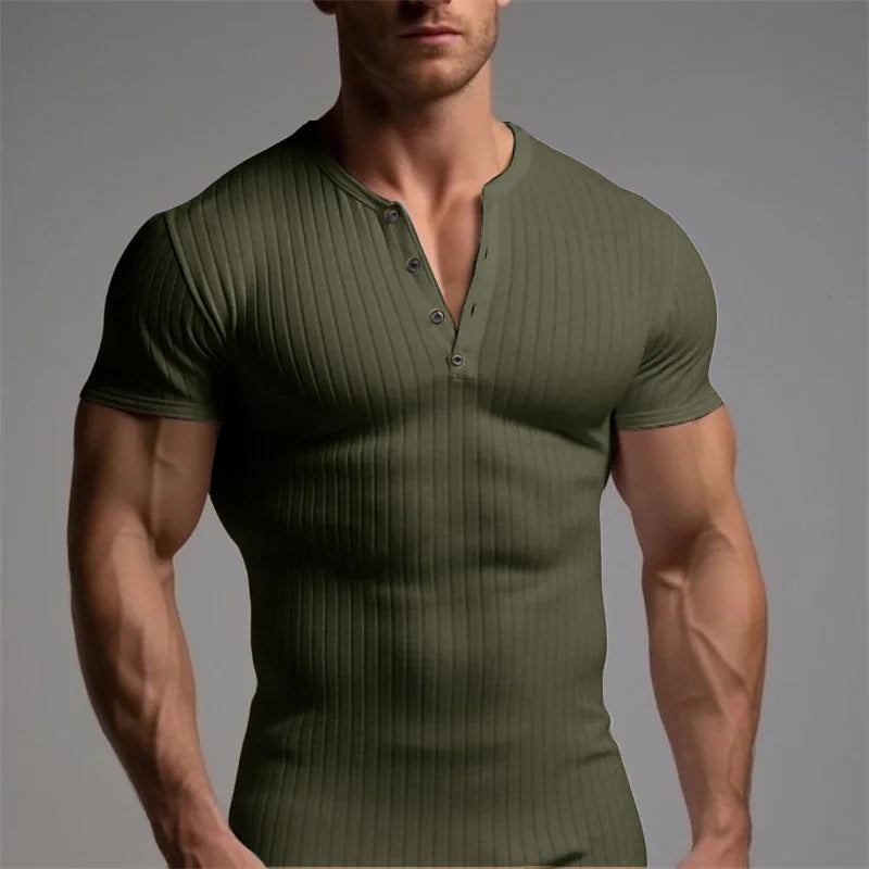 Summer Trend Men's Short Sleeve Casual T-Shirts Solid Henley Neck Button Up Pullover Tops Spring Turn Down Collar Basic Shirt (Available)