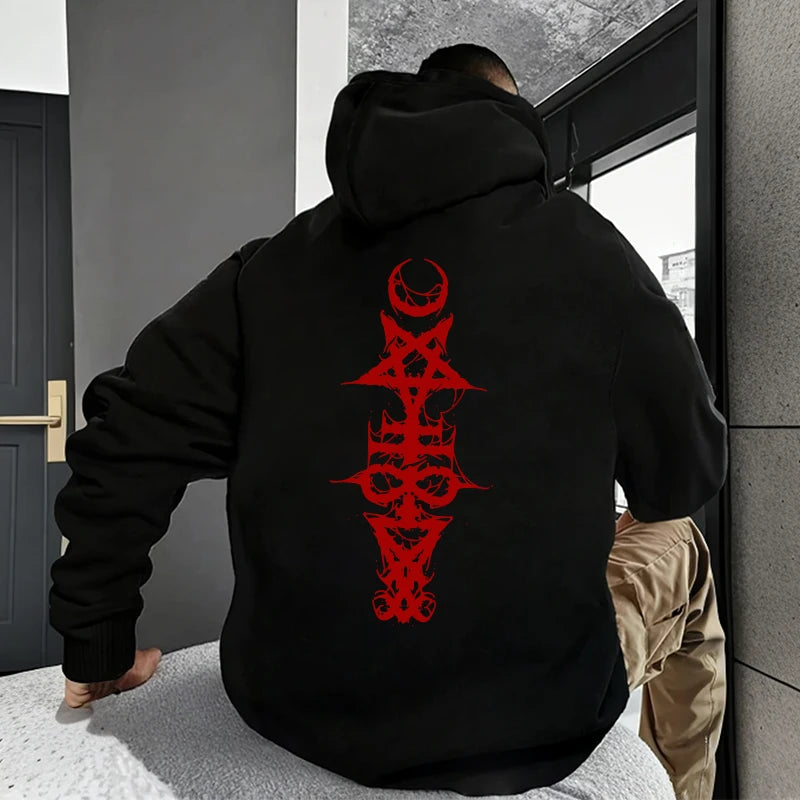 Mens Gothic Hoodie Satanic Symbol Print Street Fashion Warm Pullover Autumn Winter Male Home Outdoor Comfort Casual Sweatshirt