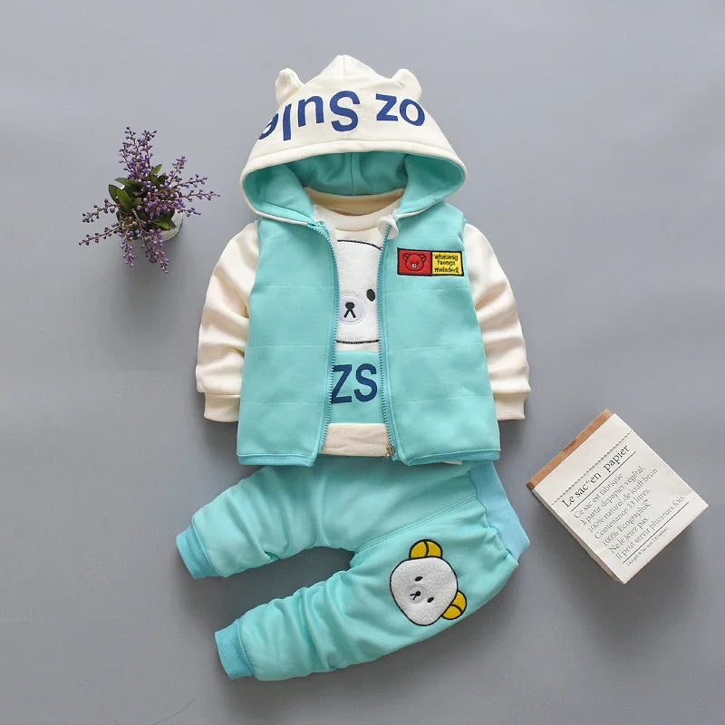 New Autumn Winter  Baby Girl Clothes Children Boys Thickened Hooded Vest T-Shirt Pants 3Pcs/Sets Toddler Costume Kids Tracksuits (Available)