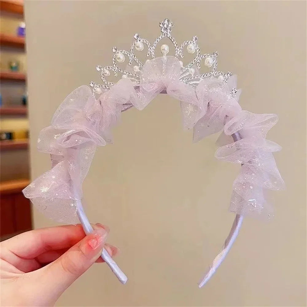 Sweet Princess Headband for Girl Mesh Pearl Crown Hair Hoop for Children Birthday Party Headwear