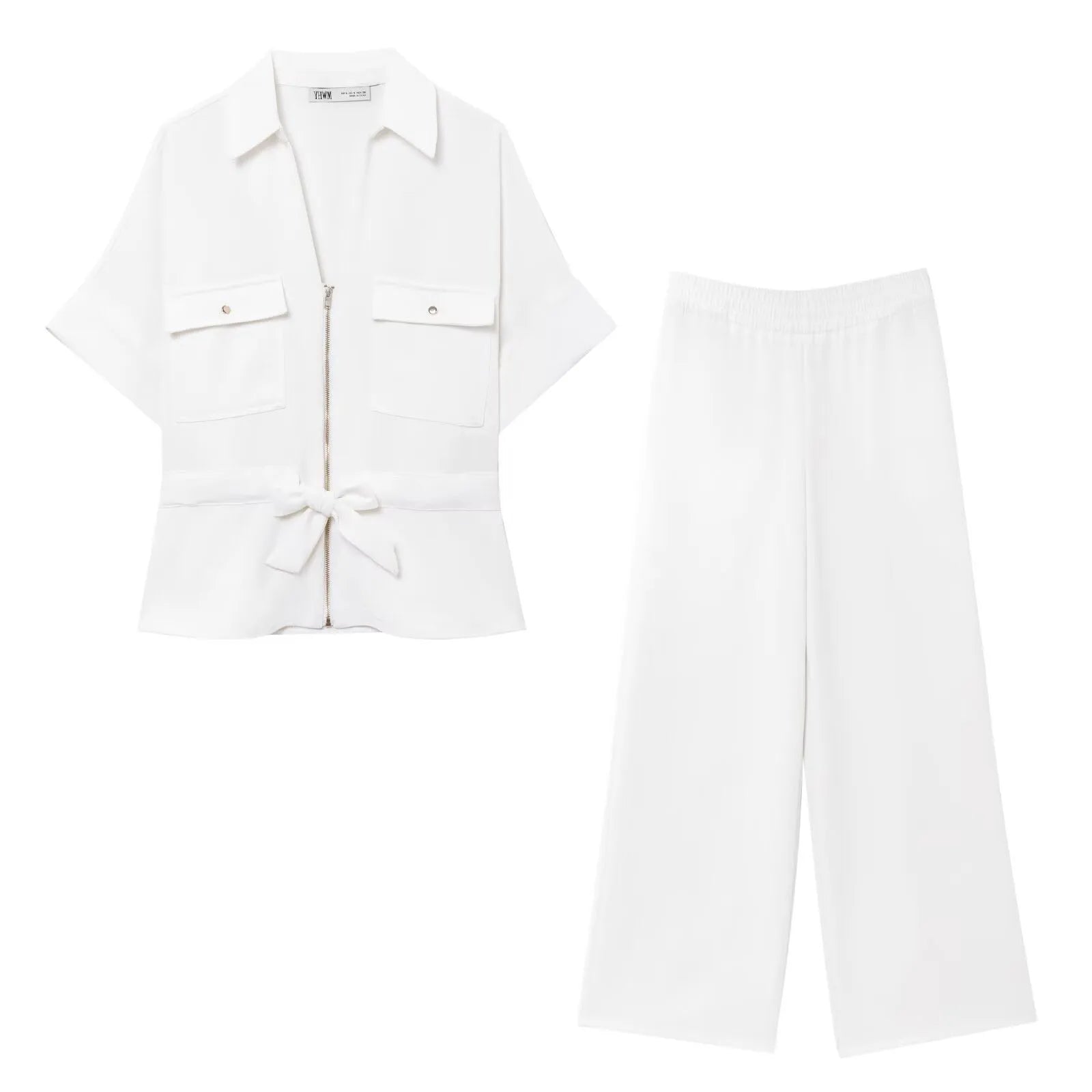 HH Women Pants Suit Solid Short Sleeve Zipper Pocket Drawstring Design Shirt Top+Elastic Waist Loose Casual Wide-leg Pants