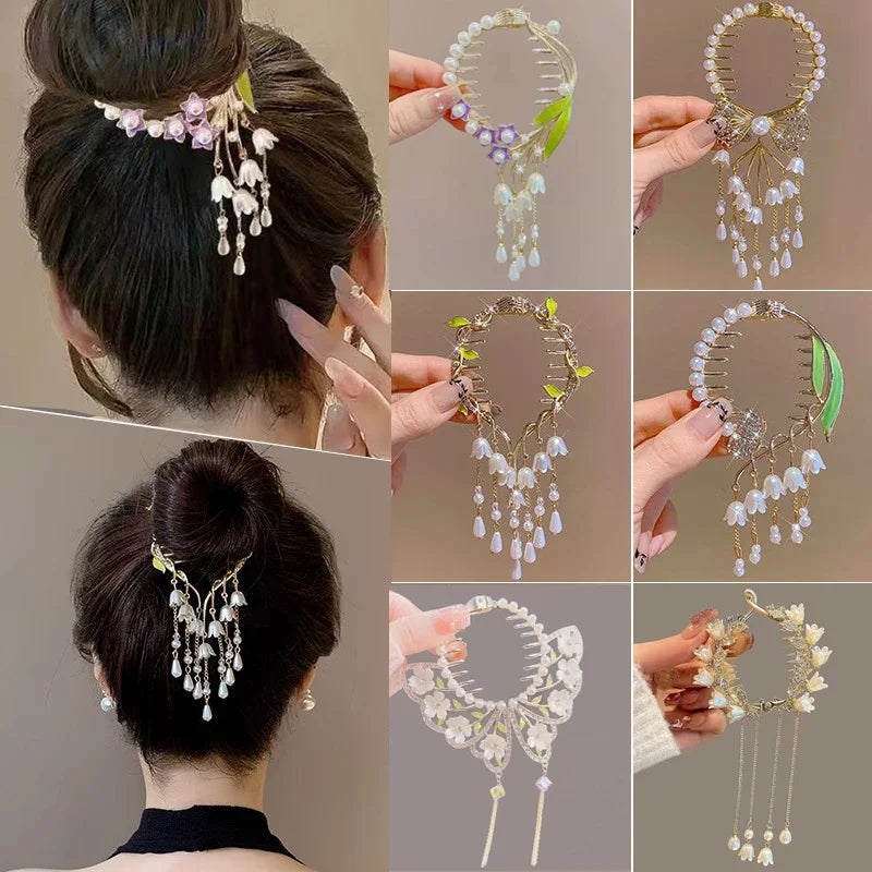 Ladies Butterfly Rhinestone Pearl Metal Hair Claw Round Bun Ponytail Holder