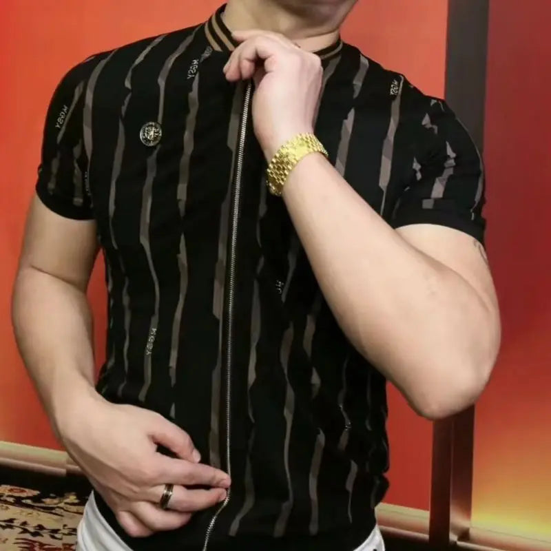 Men's New Summer T-shirt Zipper Short-sleeved Cardigan Sweater Round Neck Fashionable and Handsome Top Thin