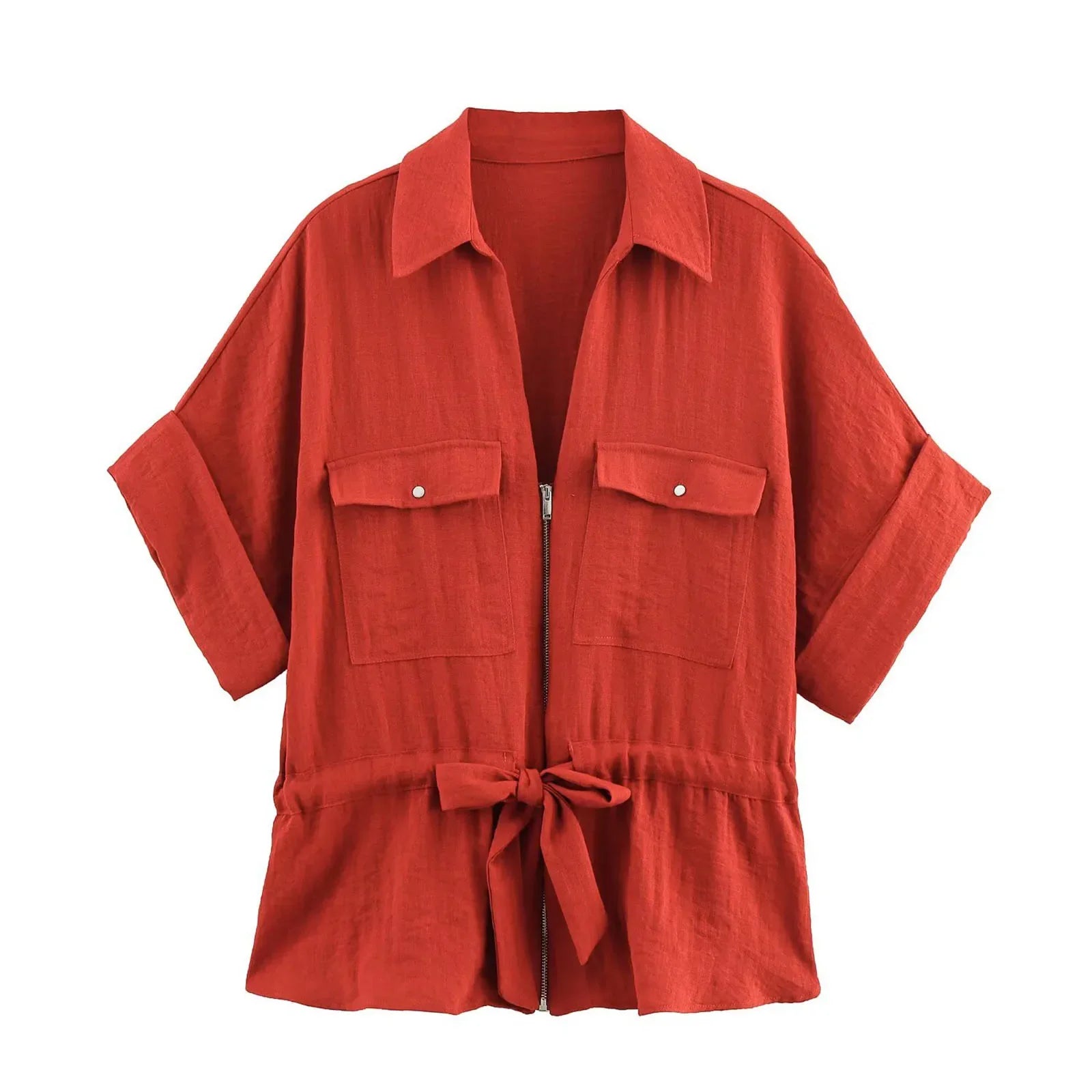 HH Women Pants Suit Solid Short Sleeve Zipper Pocket Drawstring Design Shirt Top+Elastic Waist Loose Casual Wide-leg Pants