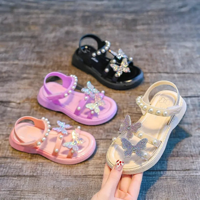 Kids' Sandals PU Leather Sequin Peep Toe Summer Outdoor Flat Shoes For Girls Breathable Anti-slip White Purple Pink