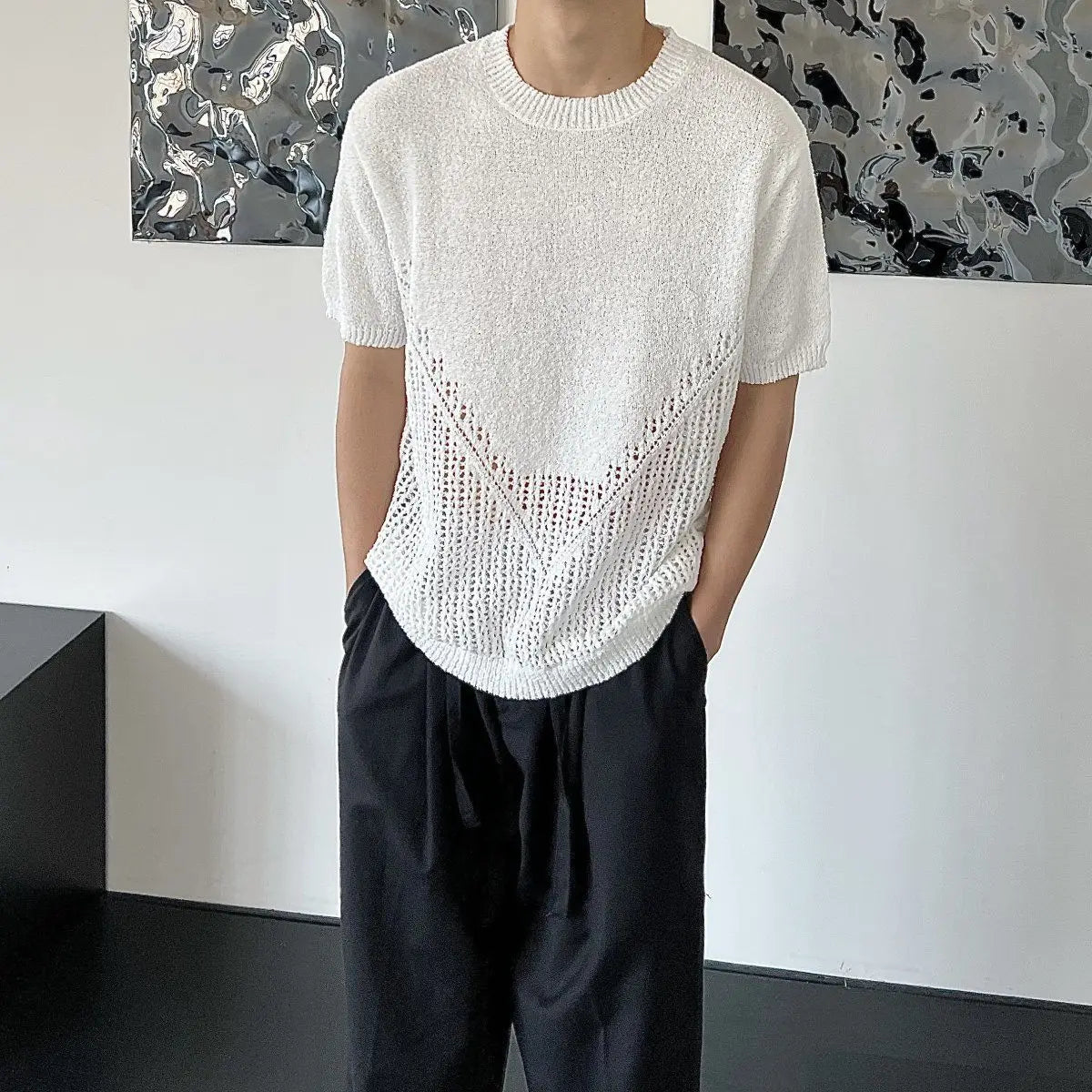 Hollow out short sleeved sweater for men and women, spring and summer new style loose and versatile knitted cardigan top