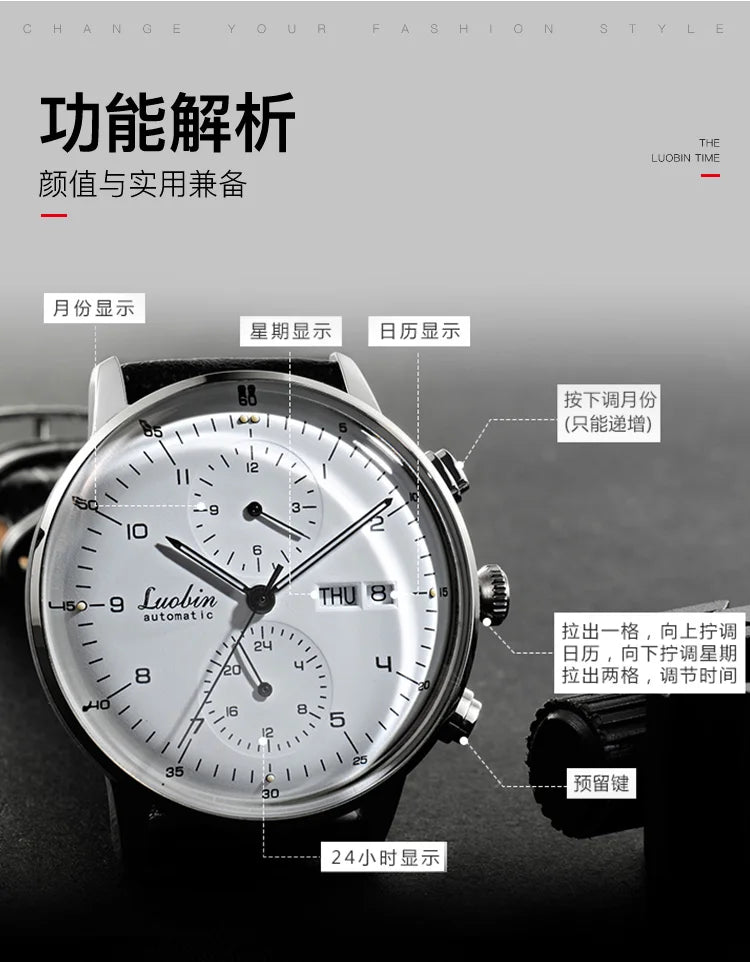 Mens Business Watch Mechanical Movement Multifunction Chronograph Stainless Steel Waterproof Automatic Calendar Sapphire