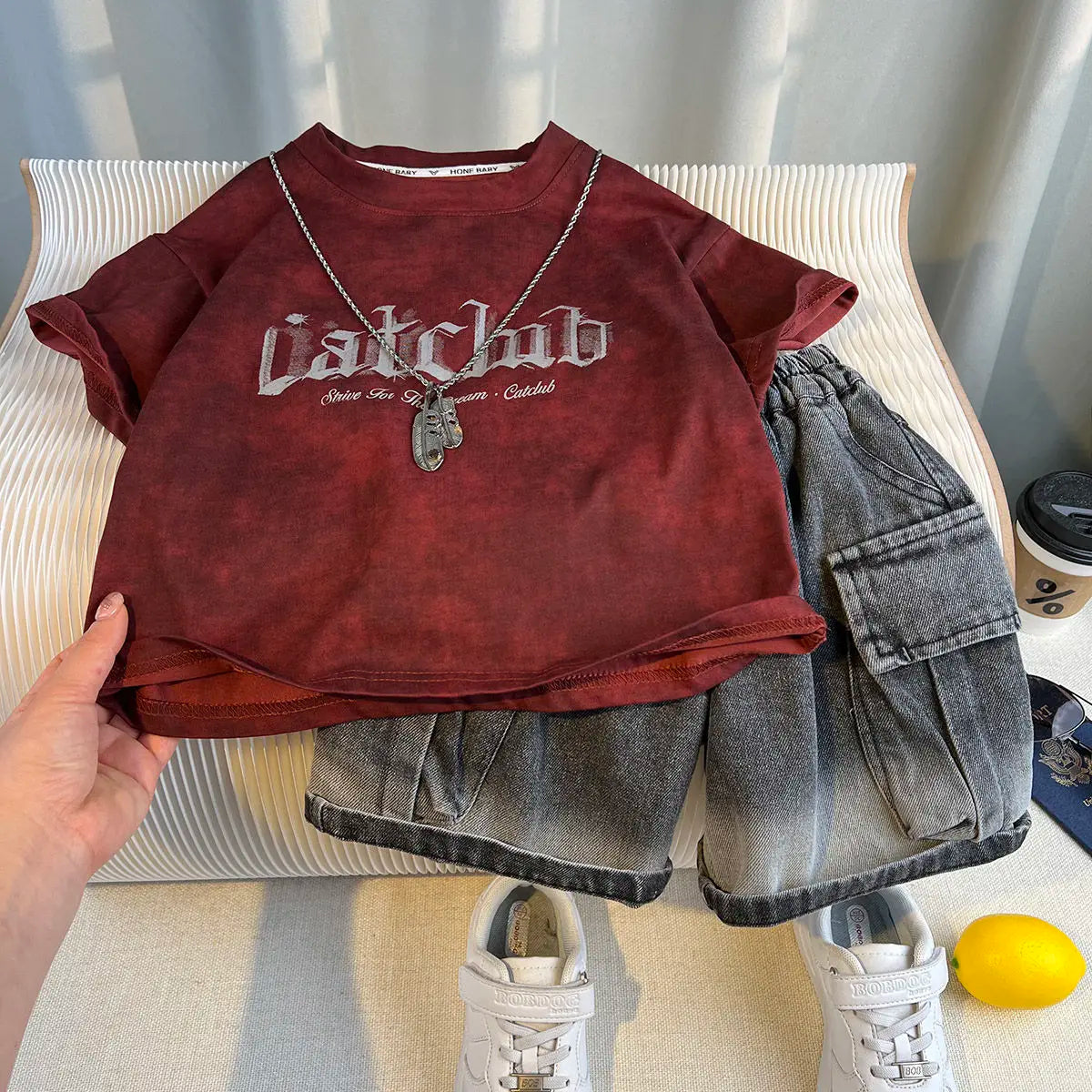 New Boys Fashion Summer Cotton Letter Printing T-shirts+Graffiti Denim Shorts 2pcs Set Kids Korean Outfits Sets Children Clothes