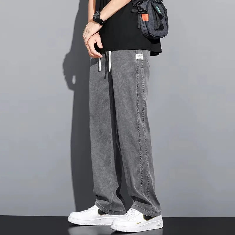2025 New Summer Soft Lyocell Fabric Men's Jeans Thin Loose Straight Pants Drawstring Elastic Waist Korea Casual Trousers (Available)