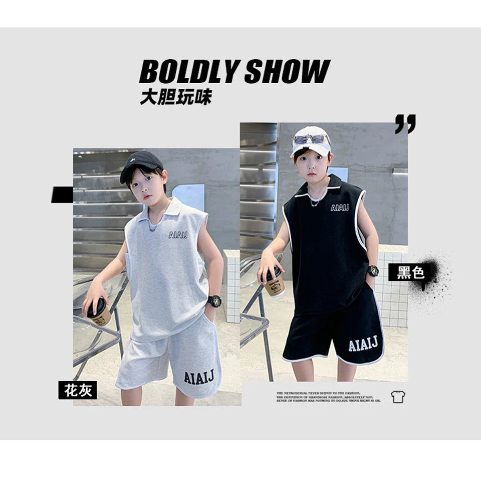 Boys Clothing Set American Style Children Vintage Vest Casual Sport Loose Pullover Sleeveless T-shirt Top Shorts Two-piece Set