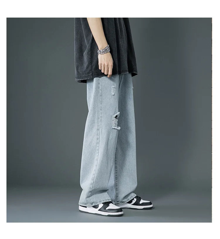 Ripped Jeans Men Ins Trendy Straight Leg Loose Wide Leg Pants High Waist Floor Mopping Denim Pants Versatile Casual Pants Men's