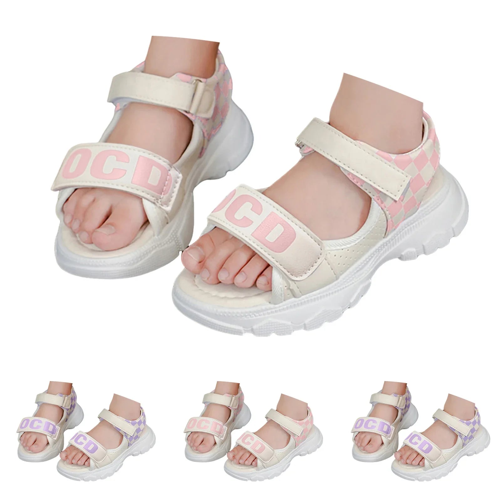 Children's Platform Velcro Sandals Checkerboard Toddler Chunky Heel Platform Sandals Open Toe Outdoor Casual Beach Shoes