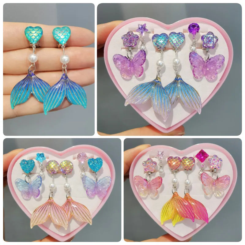 3pair Cute Children Ear Clip Earrings for Girl Without Ear Holes Sweet Mermaid Baby Ear Clip Set