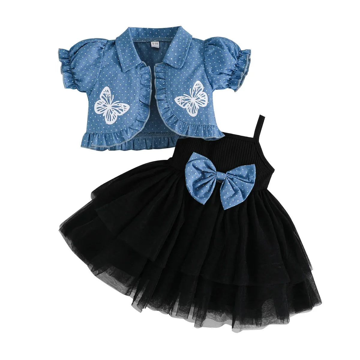 1-4Y Fashion Children Kids Girl 2Pcs Spring Outfit Butterfly Print Short Sleeve Tops+Suspender dress Set Outfit Kid Girl Clothes