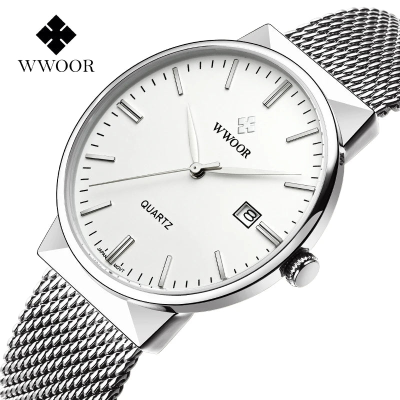 WWOOR Mens Watches 2025 Luxury Brand Quartz Casual Dress Watches For Men Stainless Steel Mesh belt Waterproof Calendar Watch Men