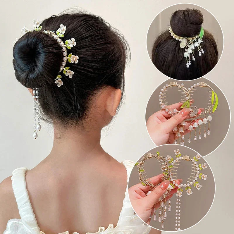 Ladies Butterfly Rhinestone Pearl Metal Hair Claw Round Bun Ponytail Holder