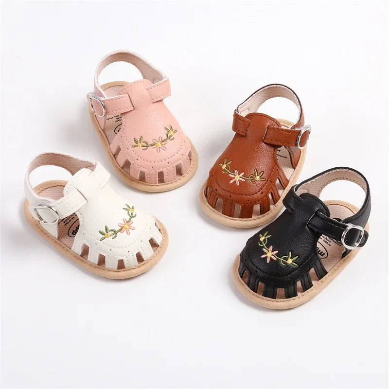 Newborn Infant Baby Girl PU Leather Embroidery Flower Sandals Summer Soft Sole Flat Princess Shoes Infant Non-Slip First Walkers
