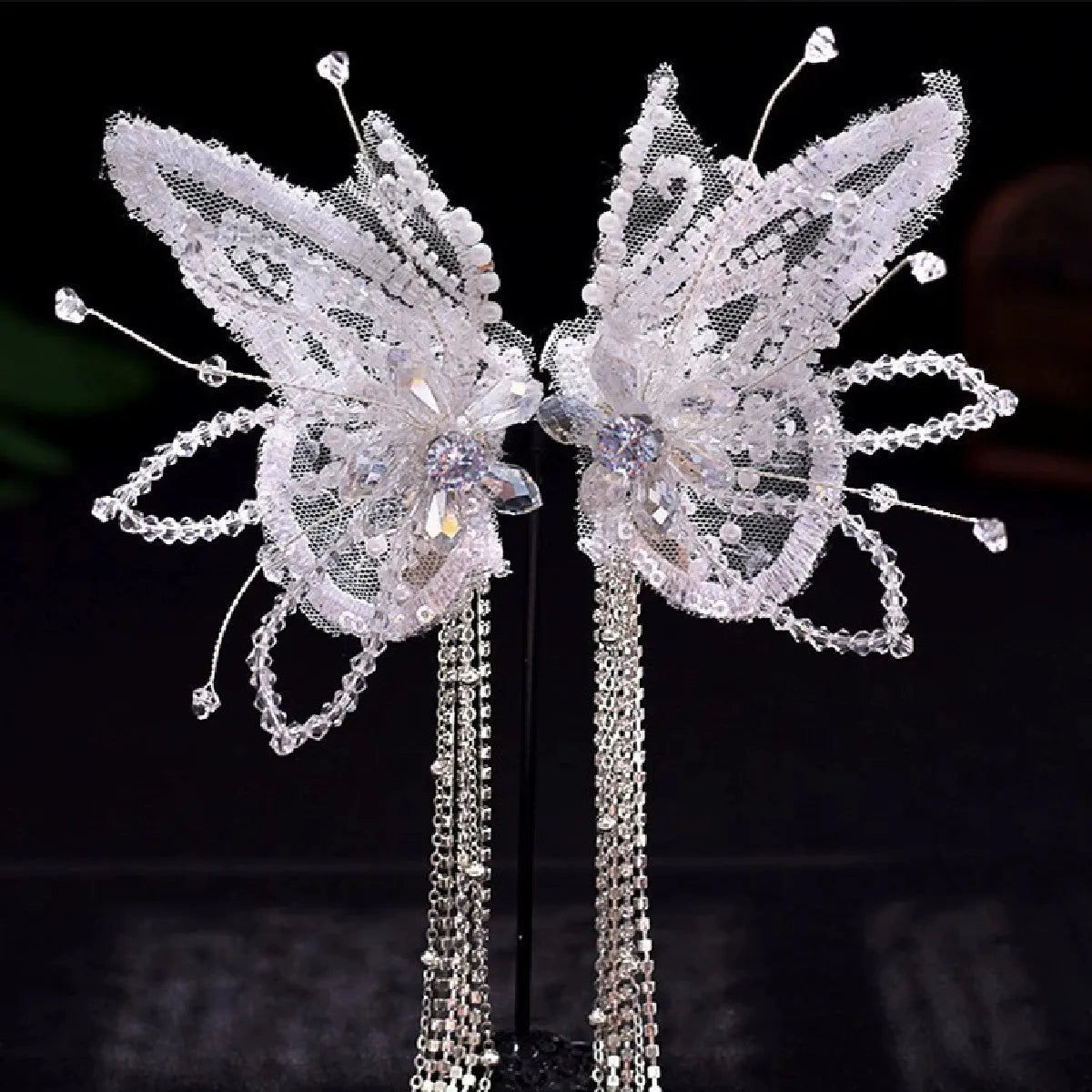 Fairy Bride Headdress BrideCourt Hair Ornament Crystal Butterfly Wings Headwe Lace Feather Fringe Hair Clip Wedding Accessories