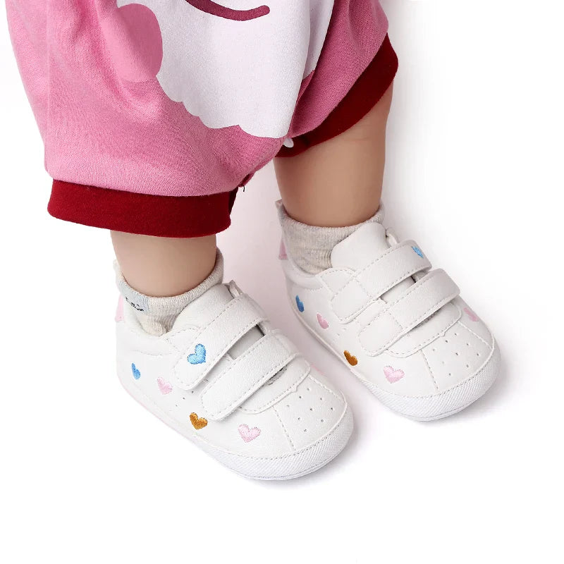 Baby White PU Sneaker Non-slip for Toddler Boys and Girls Cute Embroidery Stars and Hearts
