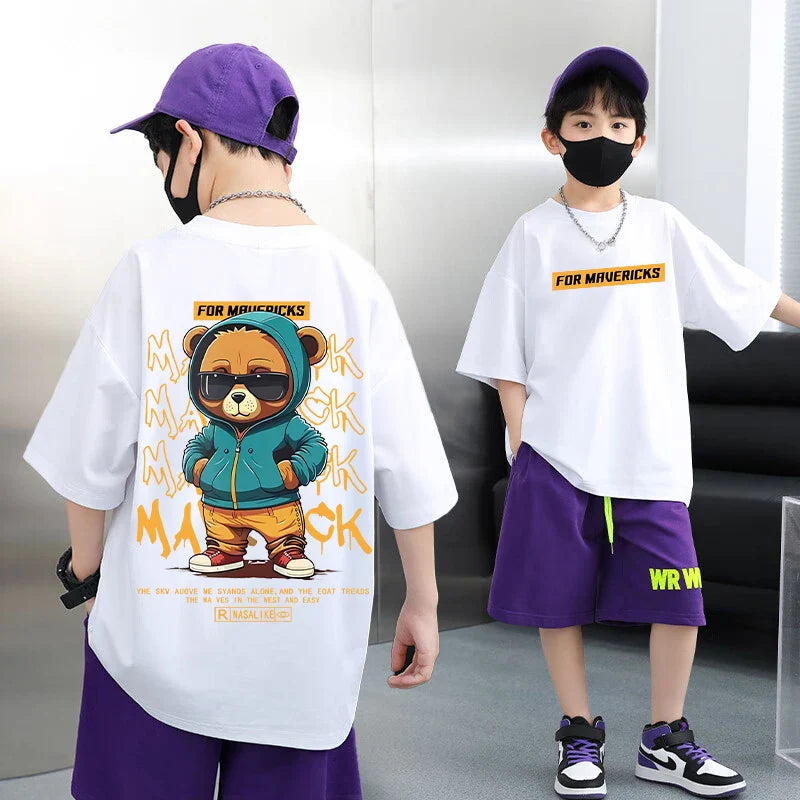 Summer 100% Cotton Boys Blue T-shirt Cool Graffiti Printed Girls Tees Short Sleeve Children Tops High Quality Kids Clothes
