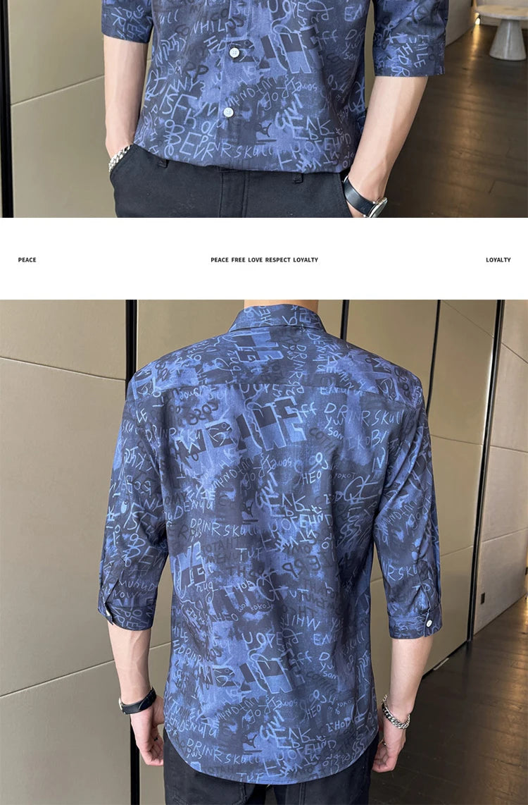 Men's Stylish 3/4 Sleeve Shirt English Letter Print Casual Turn-Down Collar Summer Fashion Breathable Loose Fit Top