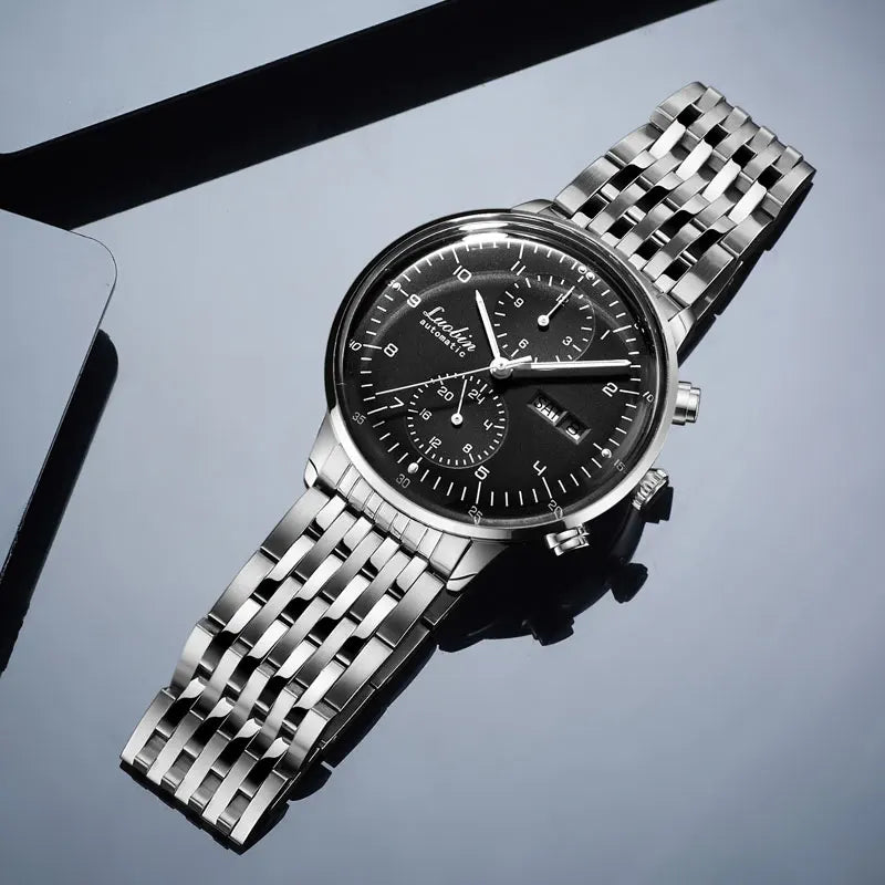 Mens Business Watch Mechanical Movement Multifunction Chronograph Stainless Steel Waterproof Automatic Calendar Sapphire