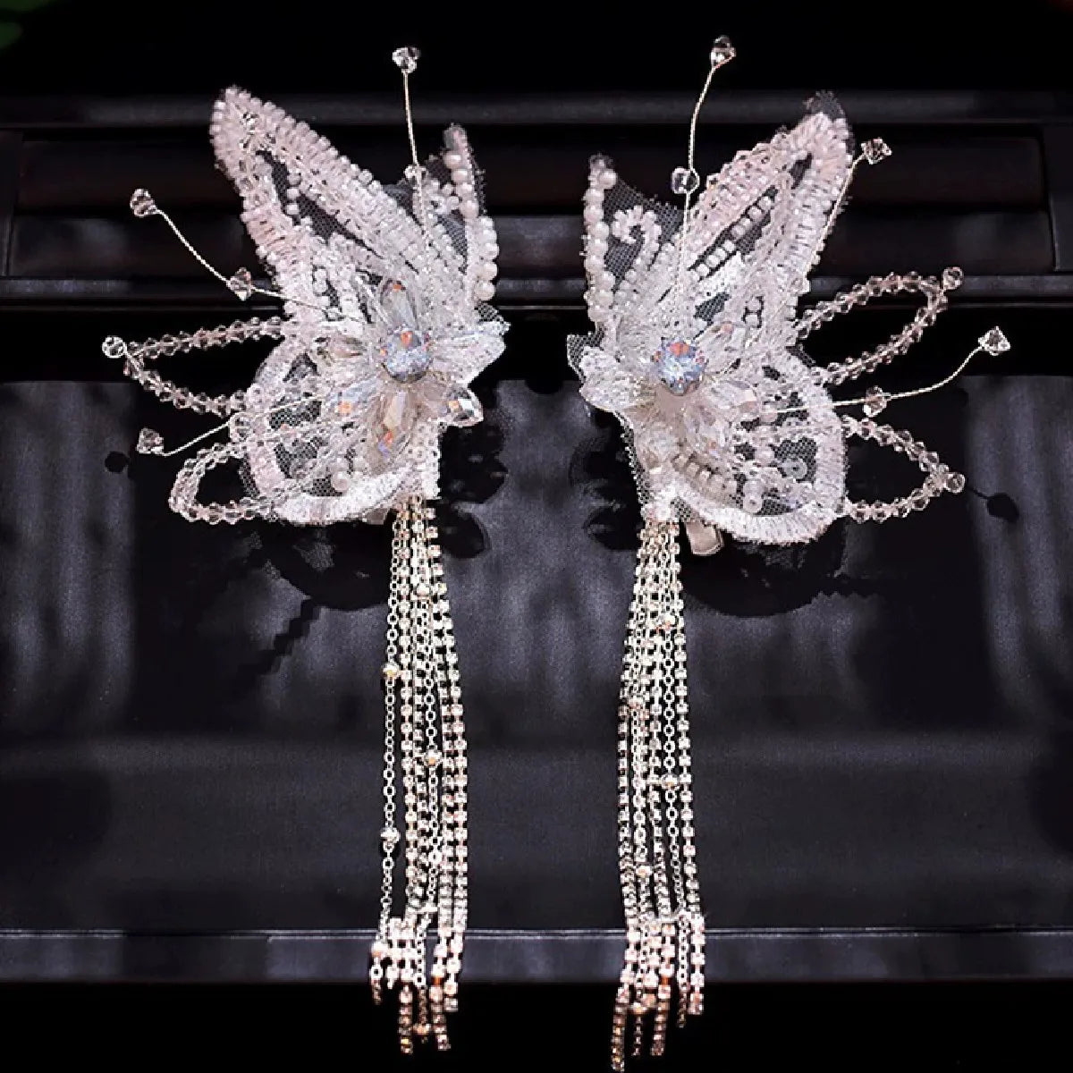 Fairy Bride Headdress BrideCourt Hair Ornament Crystal Butterfly Wings Headwe Lace Feather Fringe Hair Clip Wedding Accessories