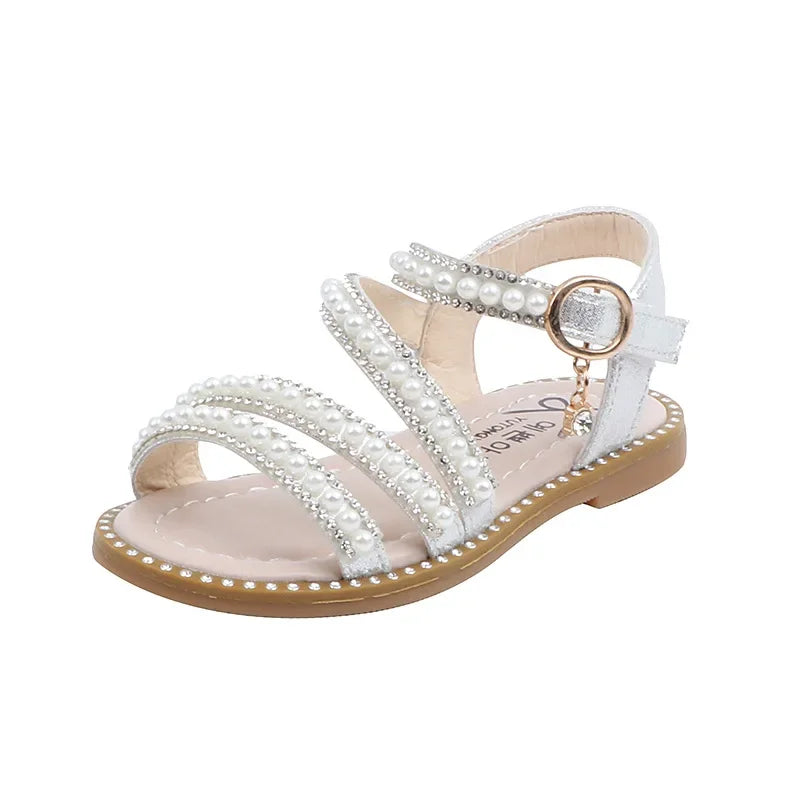 Summer Children's Sandals Korean Style Open-toe Kids Girls Causal Rhinestone Pearl Flats Sandals Fashion Princess Dress Shoes