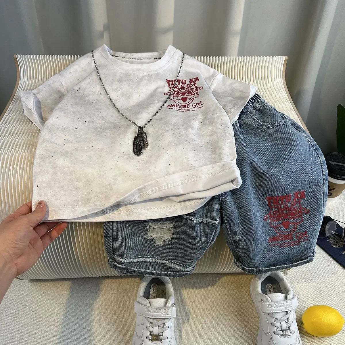 New Boys Fashion Summer Cotton Letter Printing T-shirts+Graffiti Denim Shorts 2pcs Set Kids Korean Outfits Sets Children Clothes