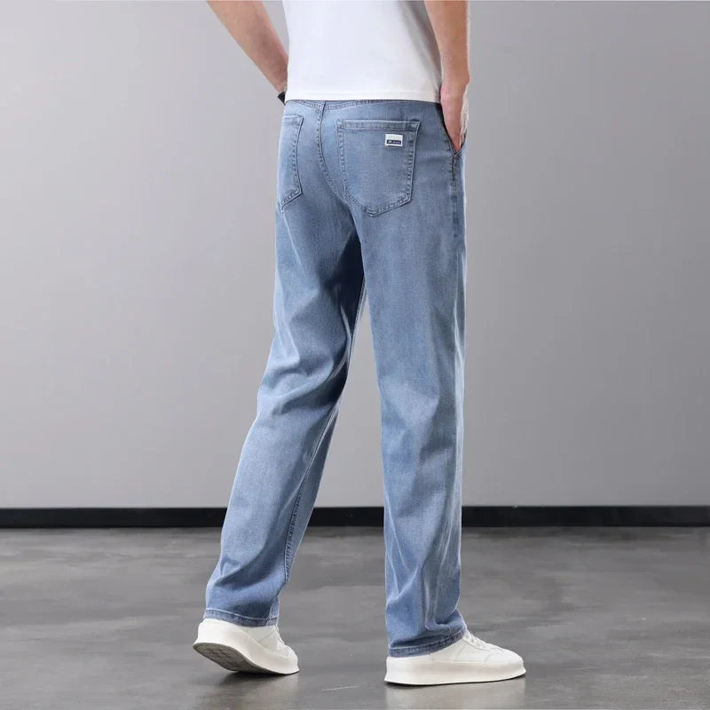 Summer Thin Men's Jeans Lyocell Fabric Soft Breathable Straight Denim Pants Brand Man Elastic Ice Silk Casual Trousers Grey Blue (Available)