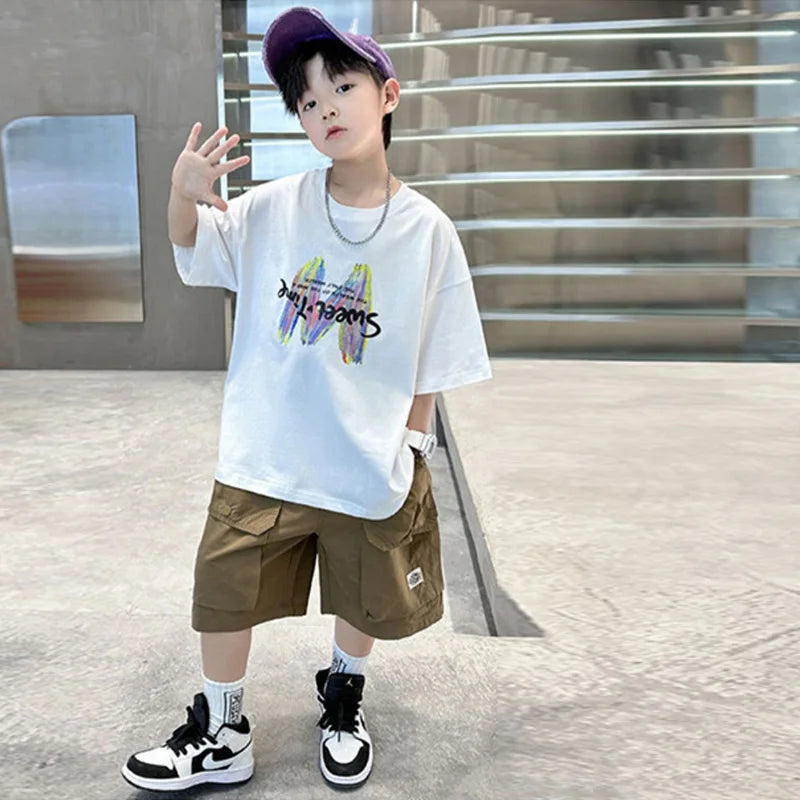 Clothing Sets Big Children Short-sleeved Top+Shorts Suits Teenager T-shirt Loose Sports 2Pcs Outfits