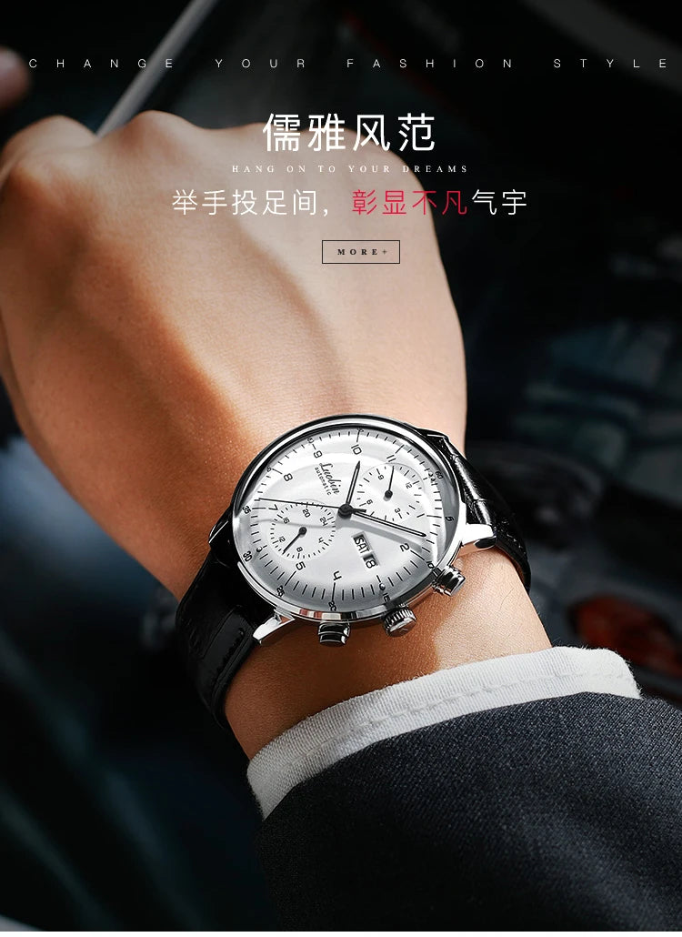 Mens Business Watch Mechanical Movement Multifunction Chronograph Stainless Steel Waterproof Automatic Calendar Sapphire