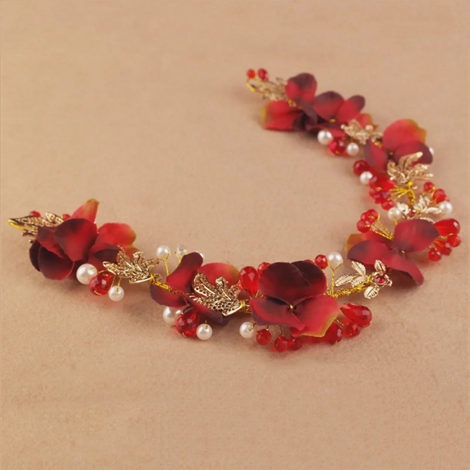 Artificial Flower Hairband Wedding Tiaras For Women Red Floral Pearl Headband Elegant Girls Hair Hoop Bridal Headwear Jewelry