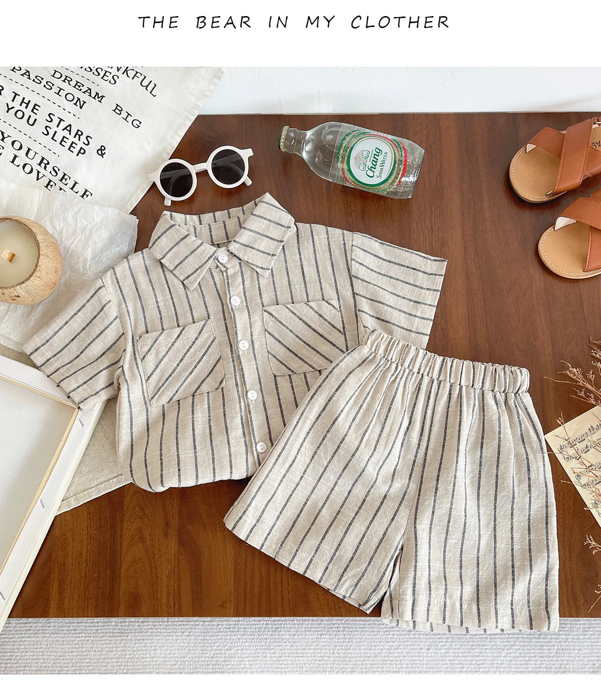 Set Children Unisex Summer New Style Cotton Stripe Pocket Shirt Polo Collar Shourts Fashion Casual Brief Versatile Korean