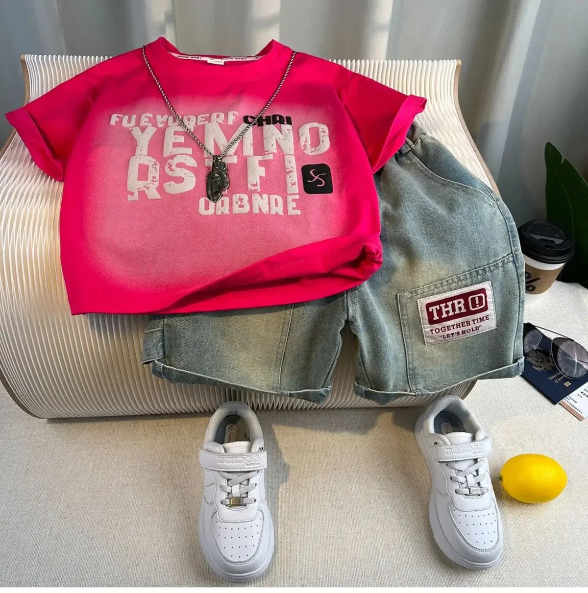 Korean Children's Summer Clothes Kids Set Outfits Boys 2025 Handsome Sleeveless&Short Sleeved T-shirt Denim Shorts 2-piece Set