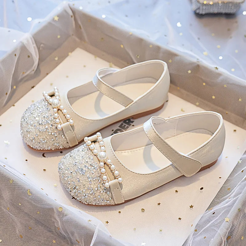 Girl Princess Shoes 2025 Spring and Autumn Crystal Shoes Rhinestones Single Shoes Baby Small Leather Shoes Soft Soles with Dress