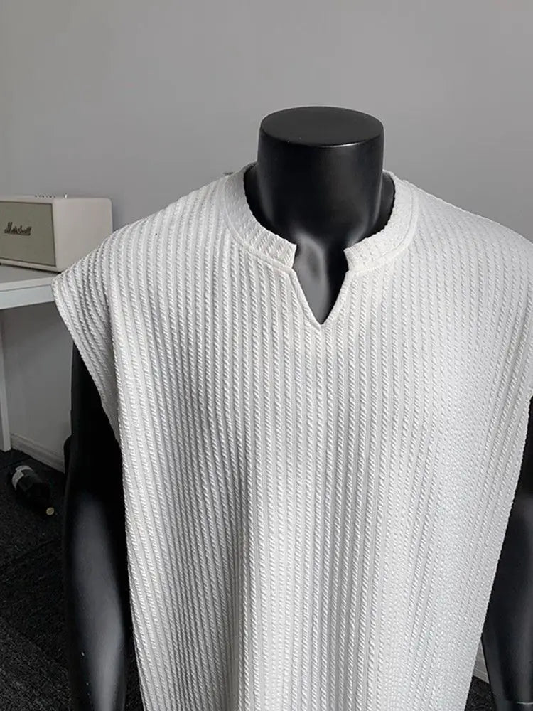 Striped Vest Men's Summer American Sleeveless V-Neck T-Shirt Textured Solid Fitness Sweatshirt