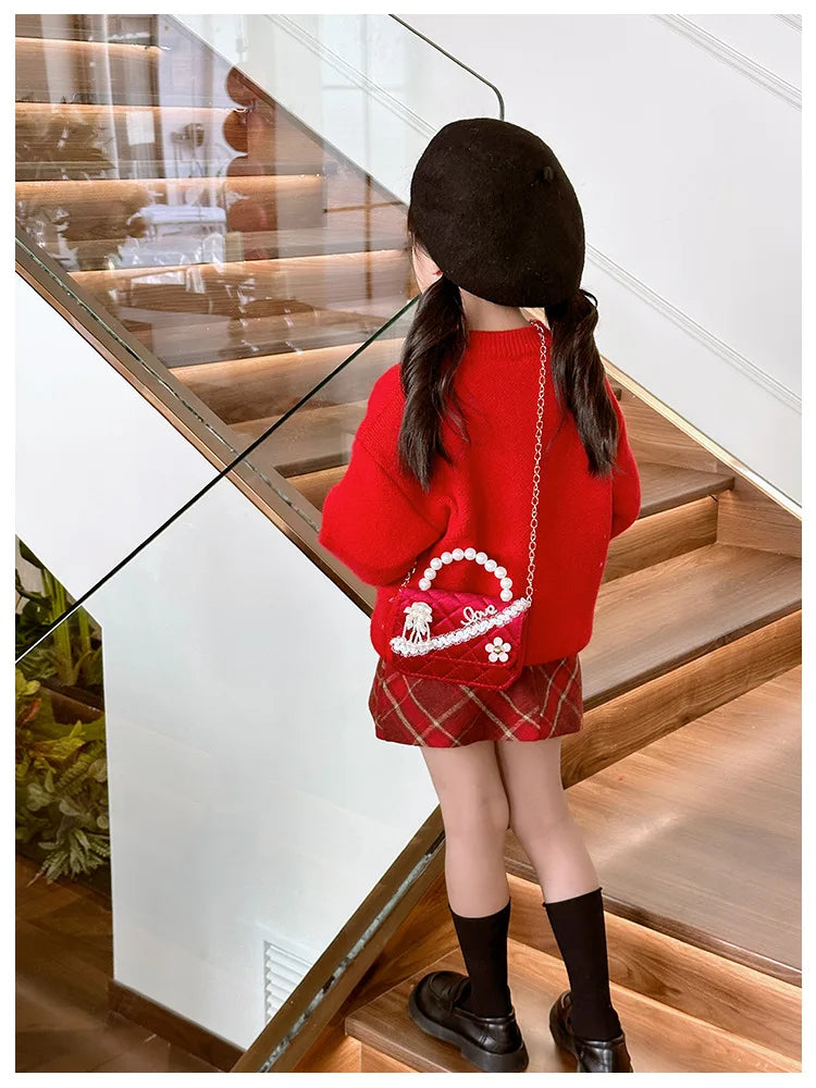 Sweet Bow Children's Small Square Shoulder Bag Sequin Lace Princess Girls Crossbody Bags Pearl Handle Coin Purse Handbags Gifts