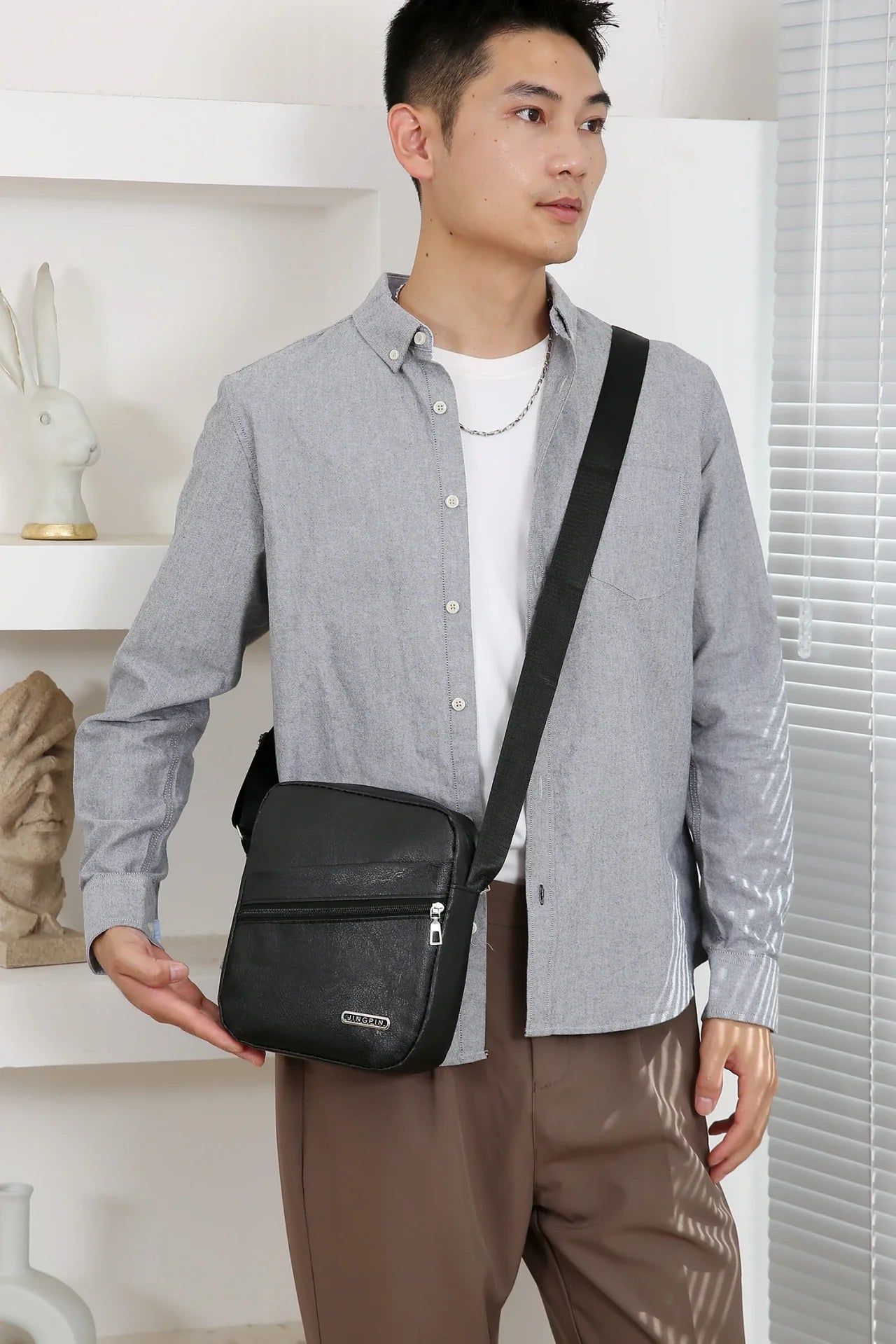 Men‘s PU Shoulder Bag Messenger Bag Casual Waterproof Nylon Zipper Pocket Handbag Fashion Tote Travel Male Crossbody Bags