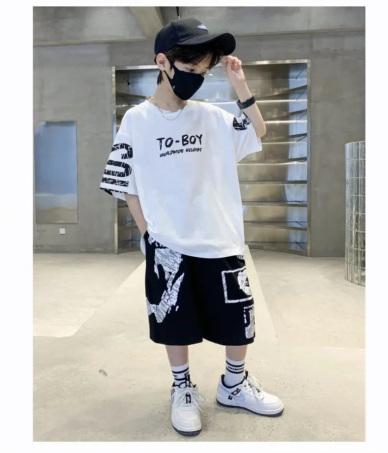 Boys Summer Trendy Casual Sports 2pcs T-shirts+Pants Suits 3-14 Years Teenage Boys Hip Hop Style Fashion Outfits Clothes Sets (Available)