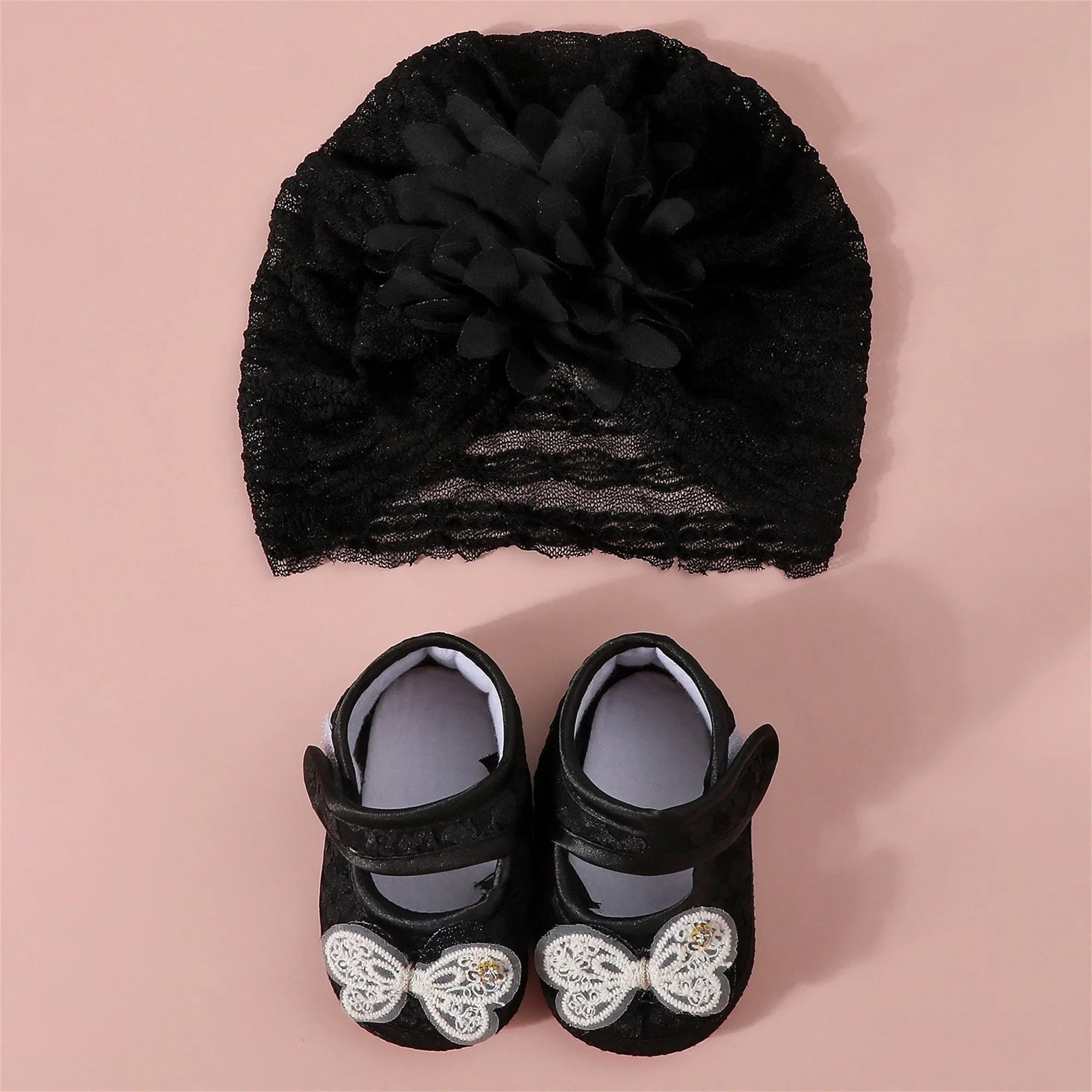Baby Girls Princess Shoes and Turban Hat Set Bow Decor Lace Soft Non-slip Bottom First Walking Shoes